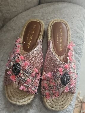 Kurt Geiger Pink Tweed Espadrille Slide Mules